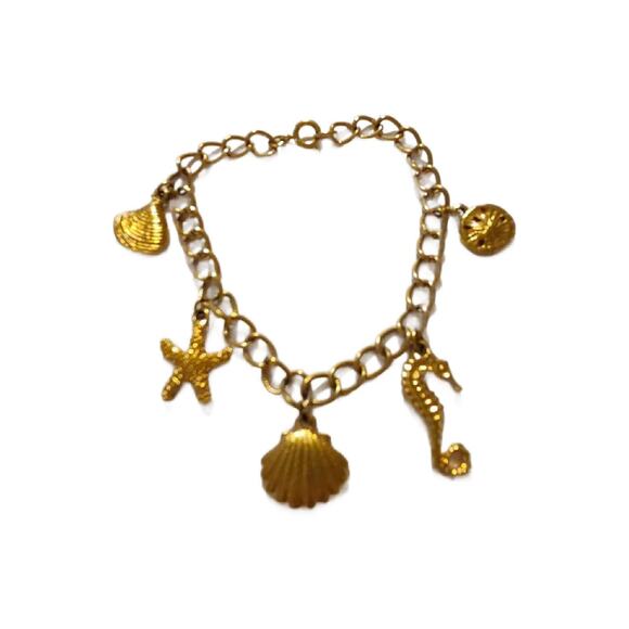 Vintage Gold Beach Theme Charm Bracelet, SeaShell, Seahorse - Picture 8 of 9